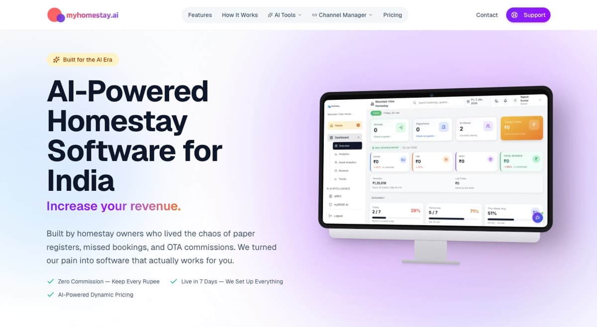 myhomestay.ai — Property management software for Indian hospitality, shown on its own homepage