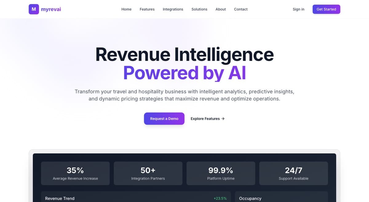 myrevai.in — Revenue management software for Indian hospitality, shown on its own homepage